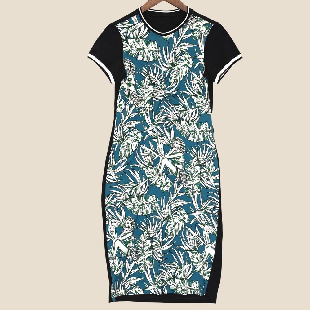 Zara Hula Girl Dress Women S Teal Black Tropical Palm Print Sheath Hawaiian Chic